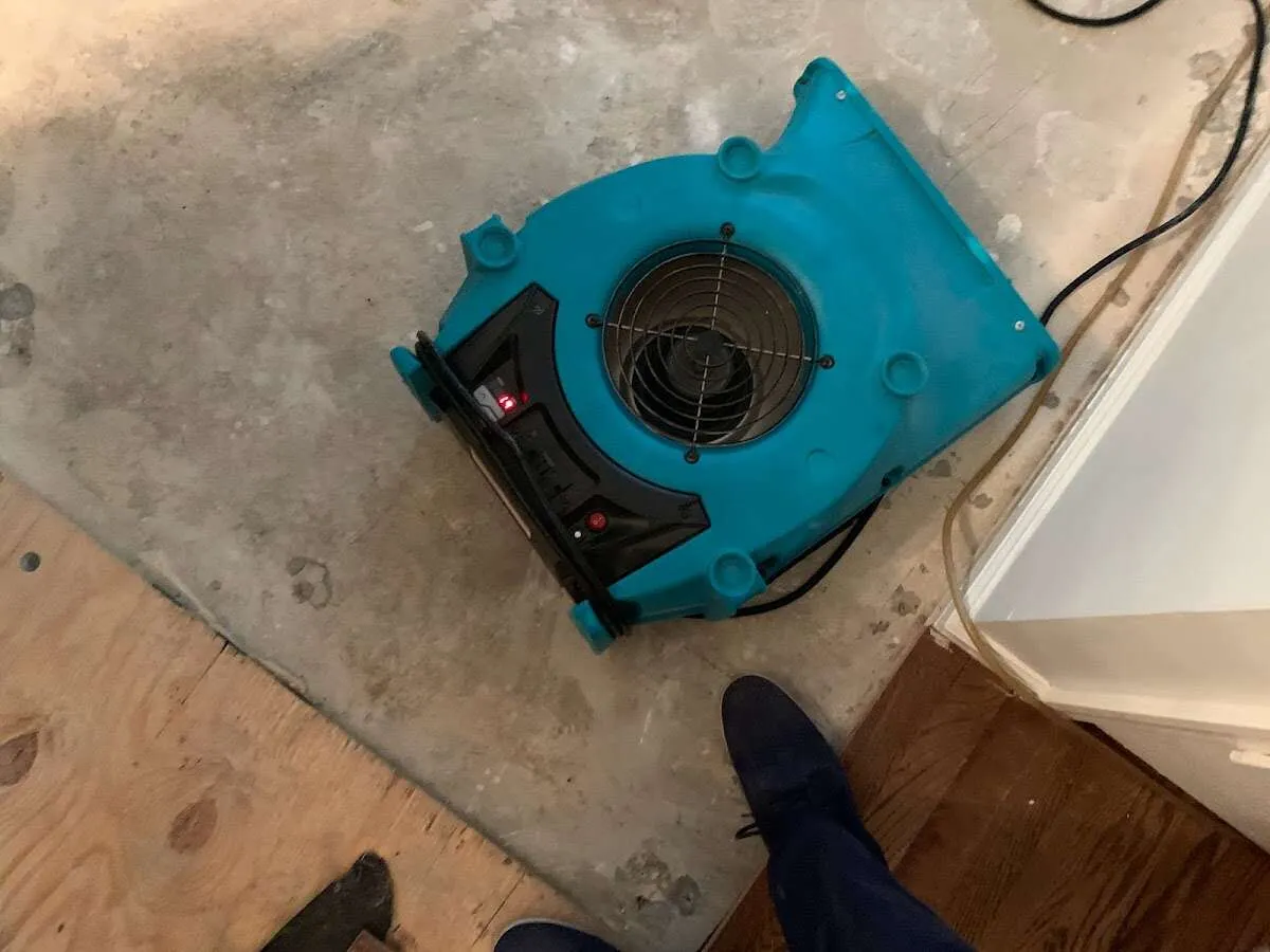 Air mover drying subfloor during Commercial Water Damage Restoration in Greenbriar